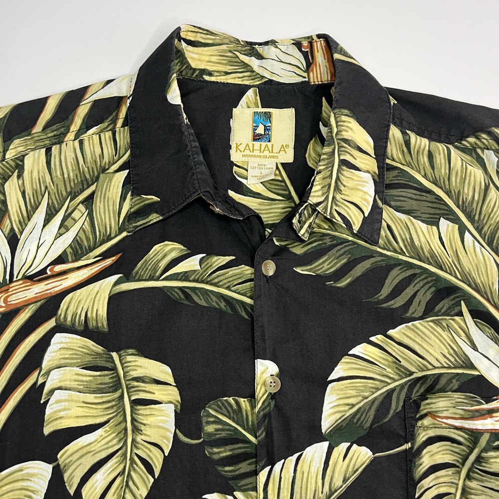 Vintage Kahala Hawaiian Shirt Camp Men's Size L Cotton Lawn Black Floral